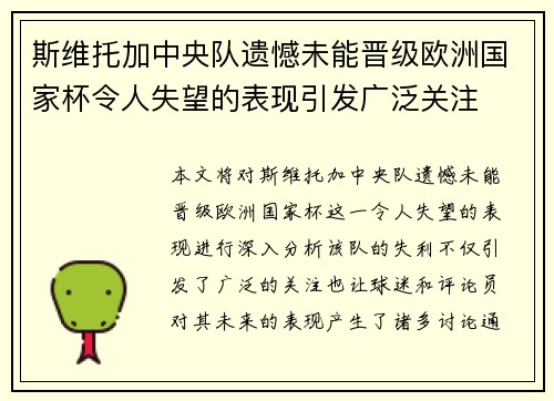 斯维托加中央队遗憾未能晋级欧洲国家杯令人失望的表现引发广泛关注