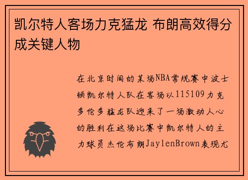 凯尔特人客场力克猛龙 布朗高效得分成关键人物