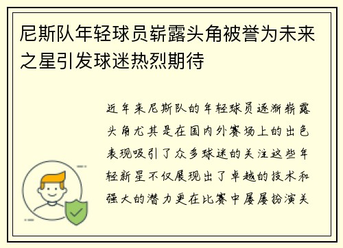 尼斯队年轻球员崭露头角被誉为未来之星引发球迷热烈期待