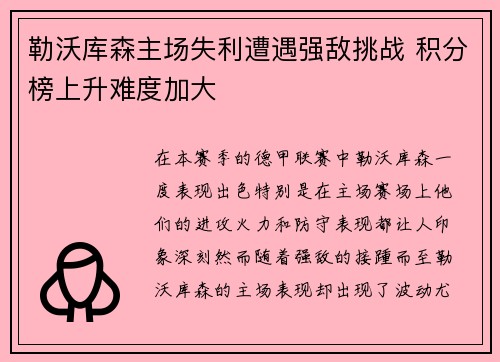 勒沃库森主场失利遭遇强敌挑战 积分榜上升难度加大